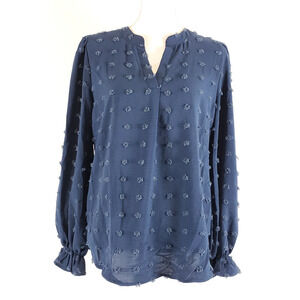 Hotouch SIZE L Fuzzy Polka Dot Long Sleeve Blouse Top Navy Blue Womens V-Neck